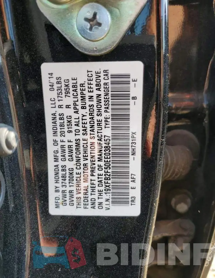 19XFB2F50EE038457 Photo# 12