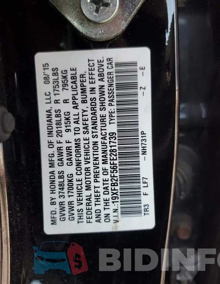 19XFB2F56FE281739 Photo# 12