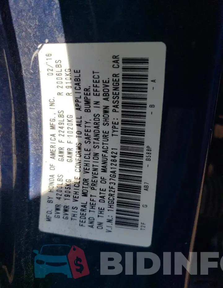 1HGCR2F37GA128421 Photo# 12