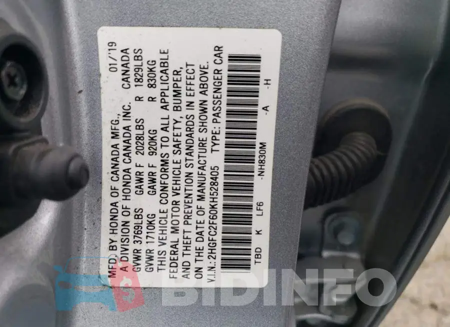 2HGFC2F60KH528405 Photo# 12