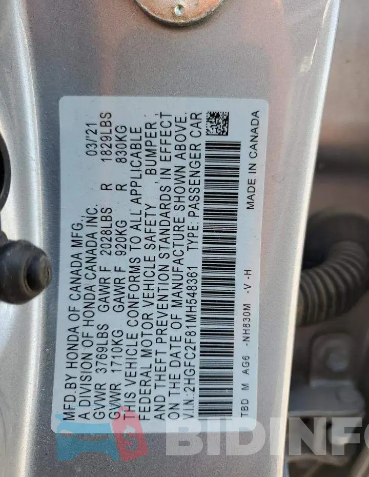 2HGFC2F81MH548361 Photo# 12