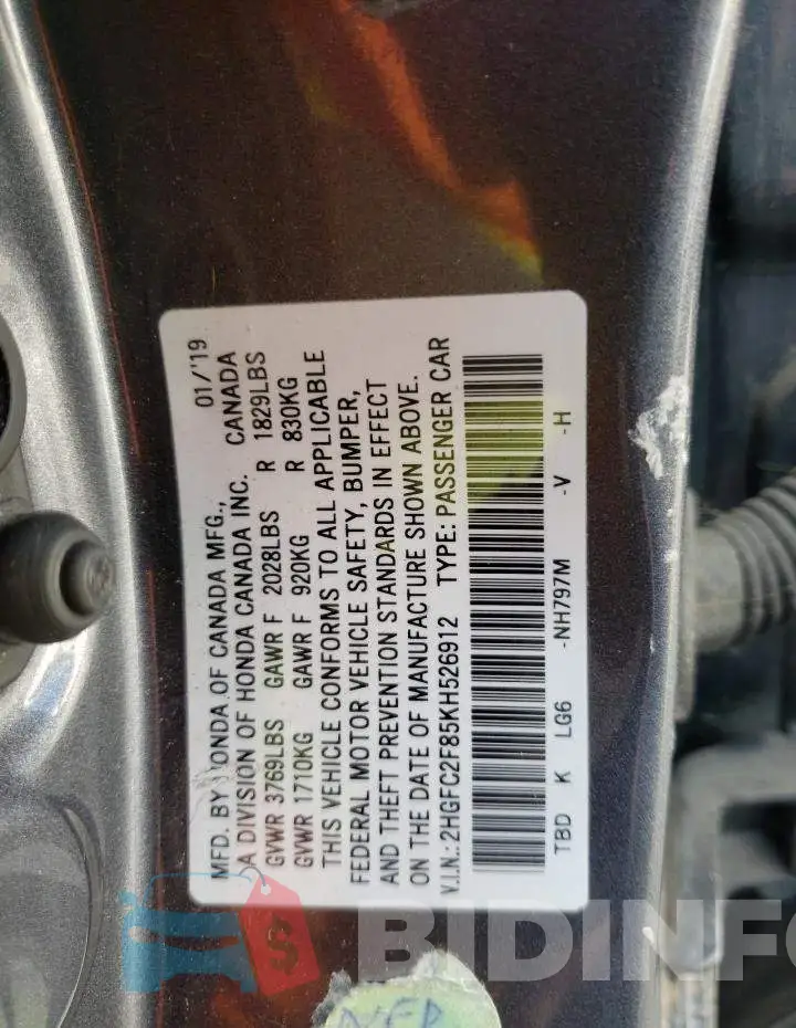 2HGFC2F85KH526912 Photo# 12