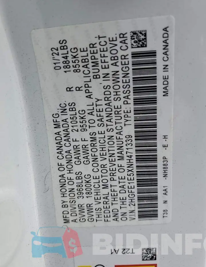 2HGFE1E5XNH471339 Photo# 12