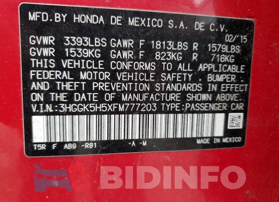 3HGGK5H5XFM777203 Photo# 12