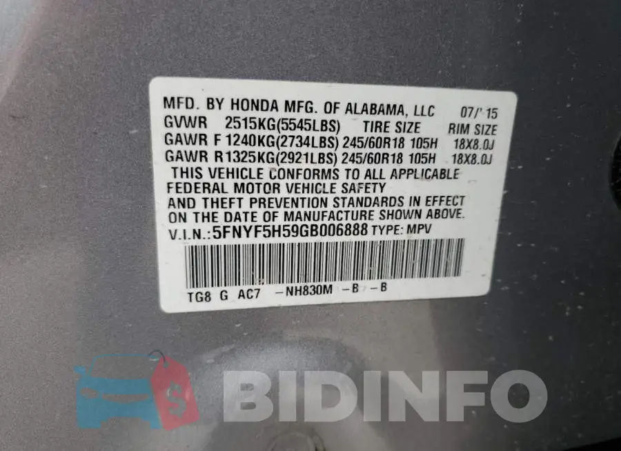 5FNYF5H59GB006888 Photo# 13