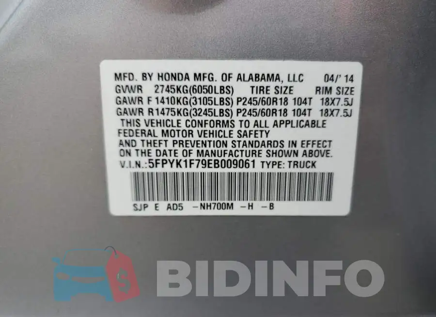 5FPYK1F79EB009061 Photo# 13