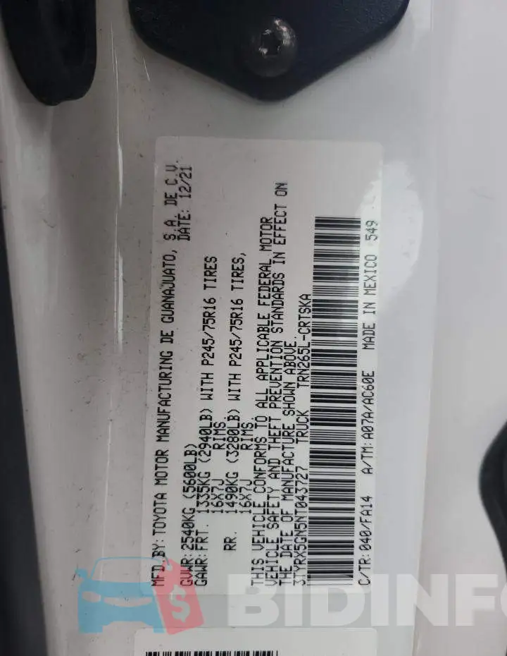 3TYRX5GN5NT043727 Photo# 13