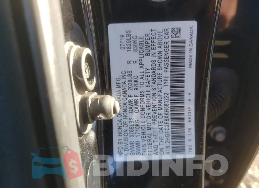 2HGFC2F6XKH580222 Photo# 12