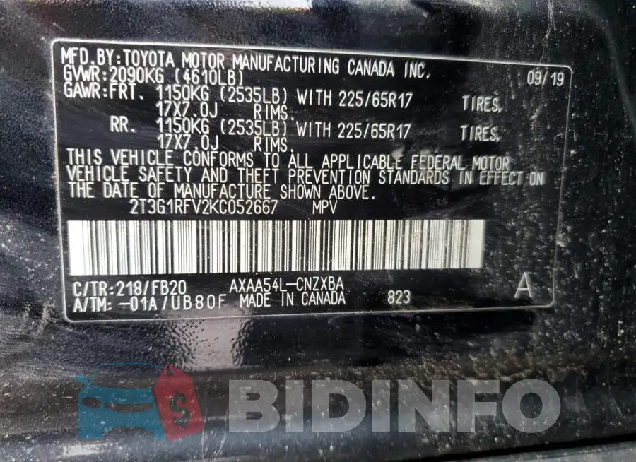 2T3G1RFV2KC052667 Photo# 14