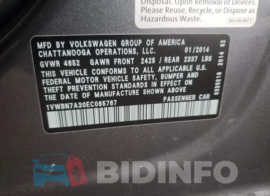 1VWBN7A30EC065767 Photo# 12
