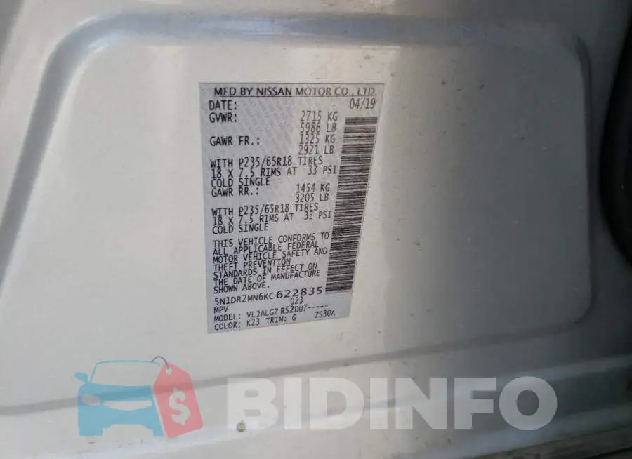 5N1DR2MN6KC622835 Photo# 13