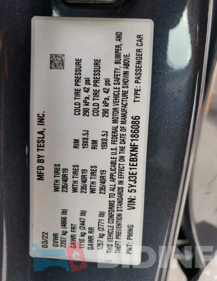 5YJ3E1EBXNF186086 Photo# 13