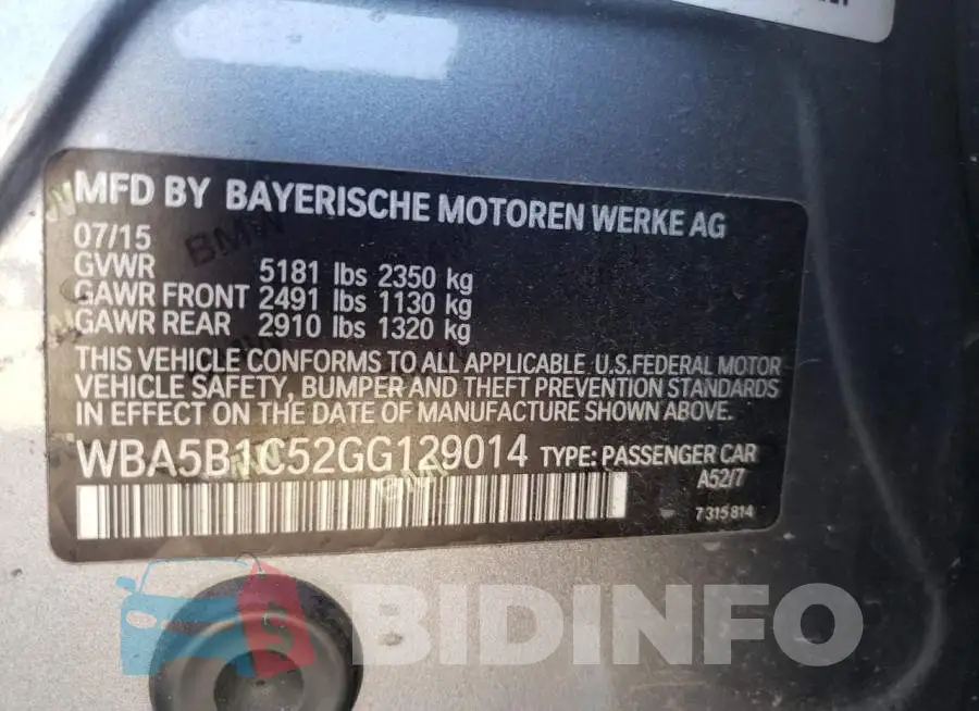 WBA5B1C52GG129014 Photo# 12