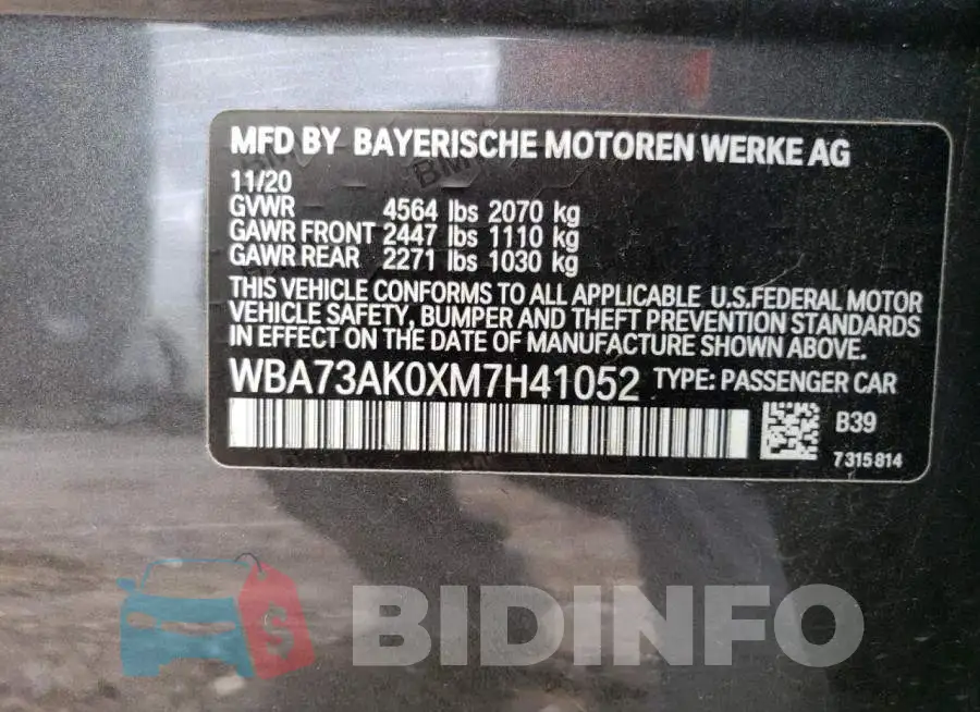 WBA73AK0XM7H41052 Photo# 12