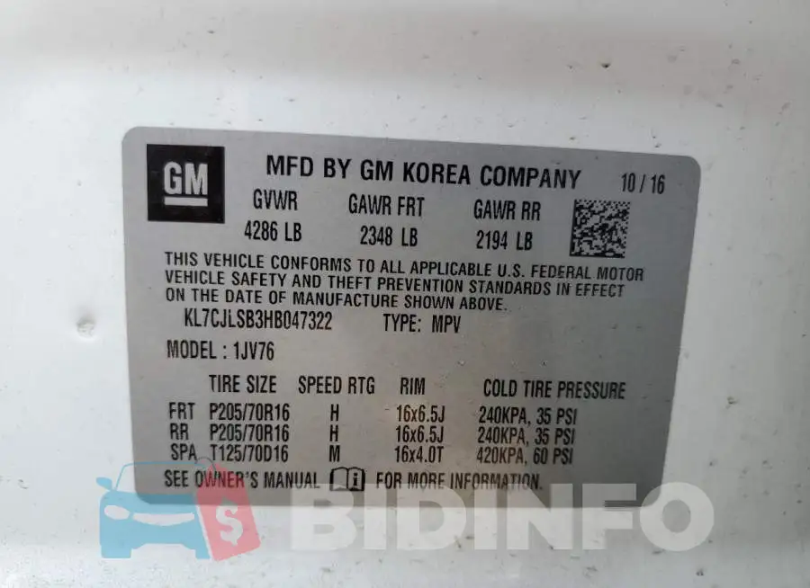 KL7CJLSB3HB047322 Photo# 14