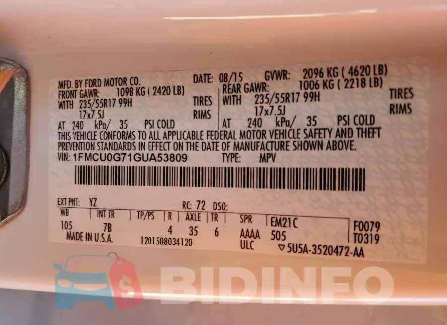 1FMCU0G71GUA53809 Photo# 14