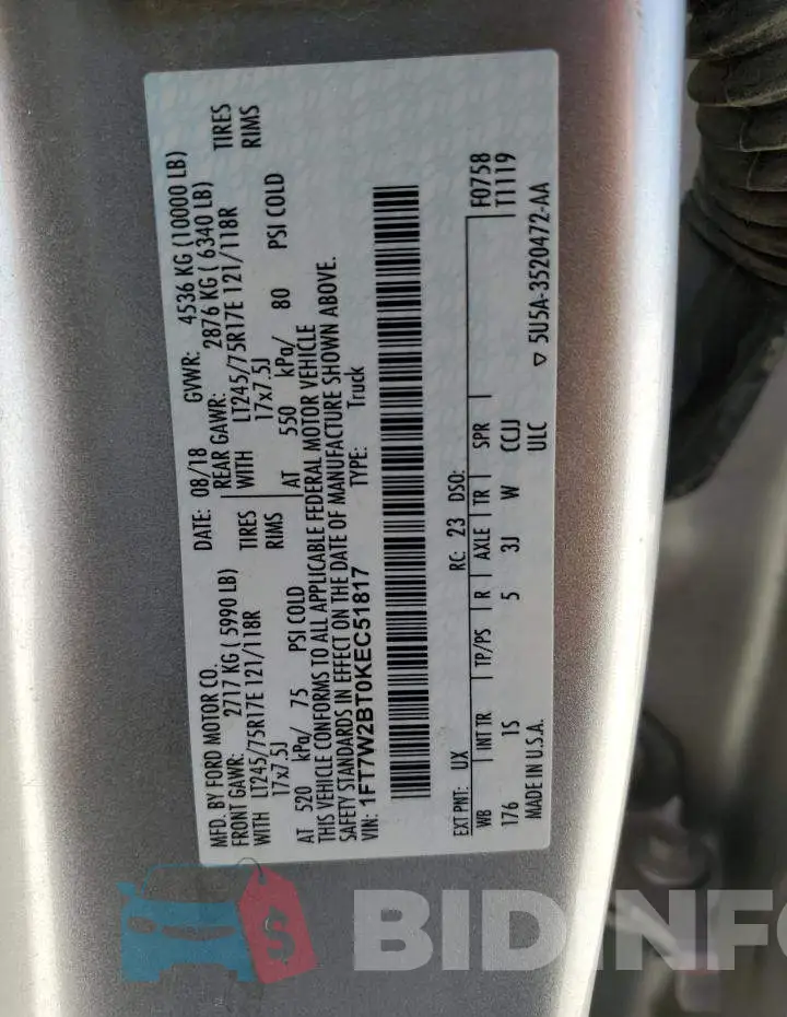 1FT7W2BT0KEC51817 Photo# 12