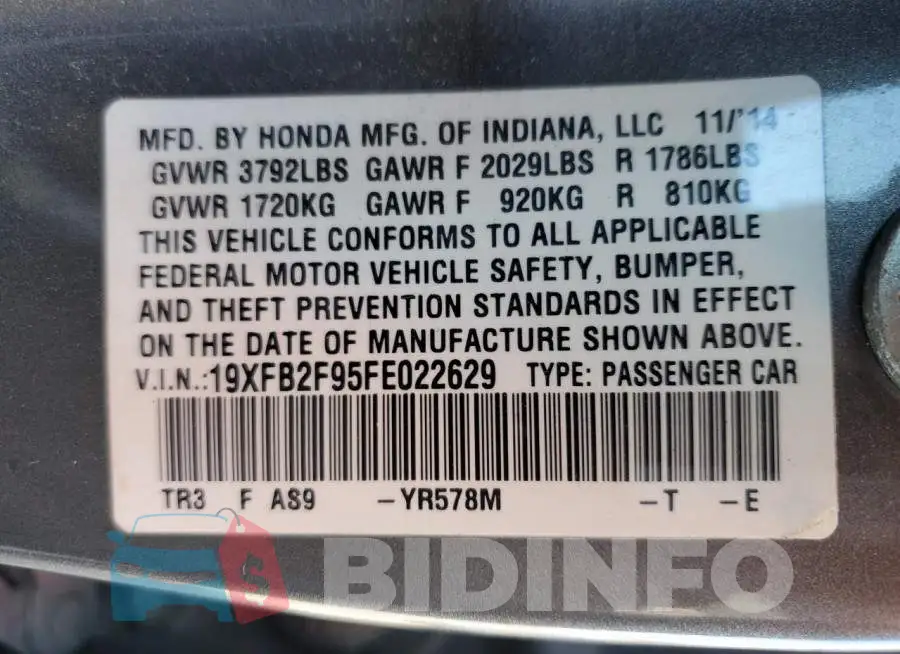 19XFB2F95FE022629 Photo# 12