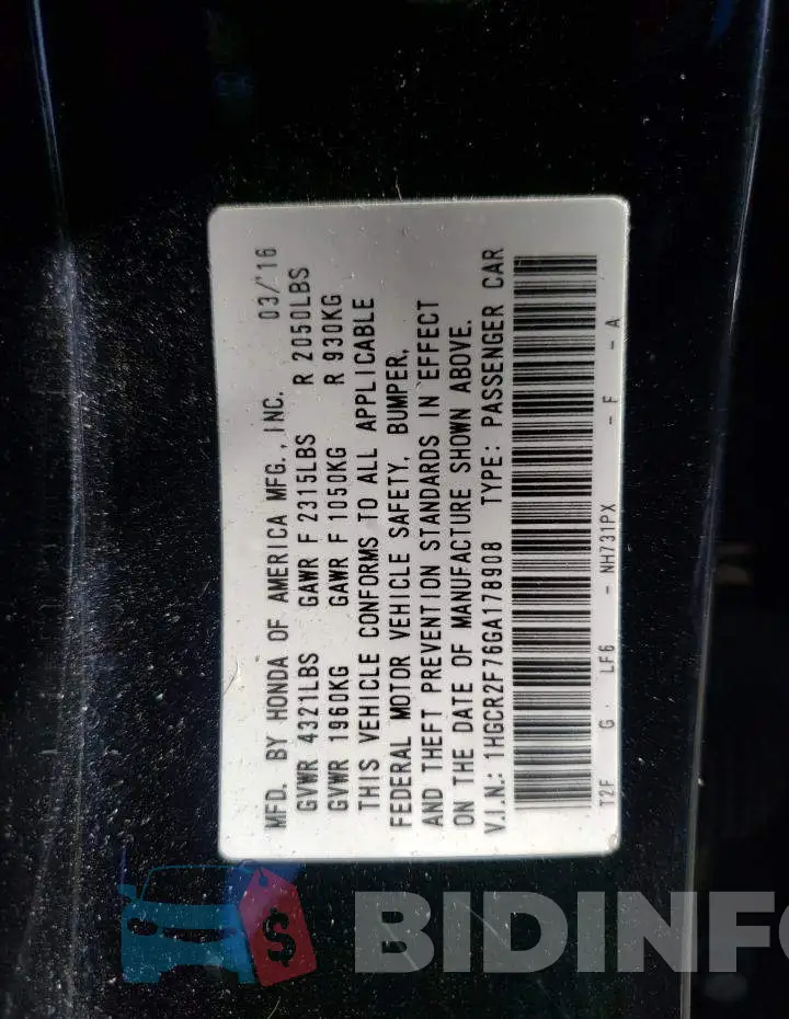 1HGCR2F76GA178908 Photo# 13
