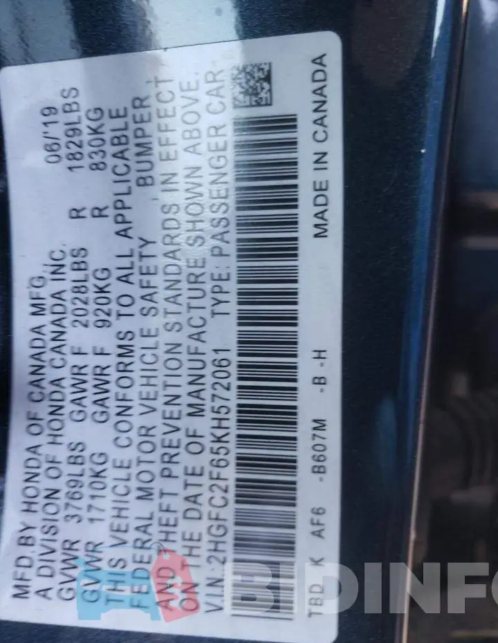 2HGFC2F65KH572061 Photo# 12