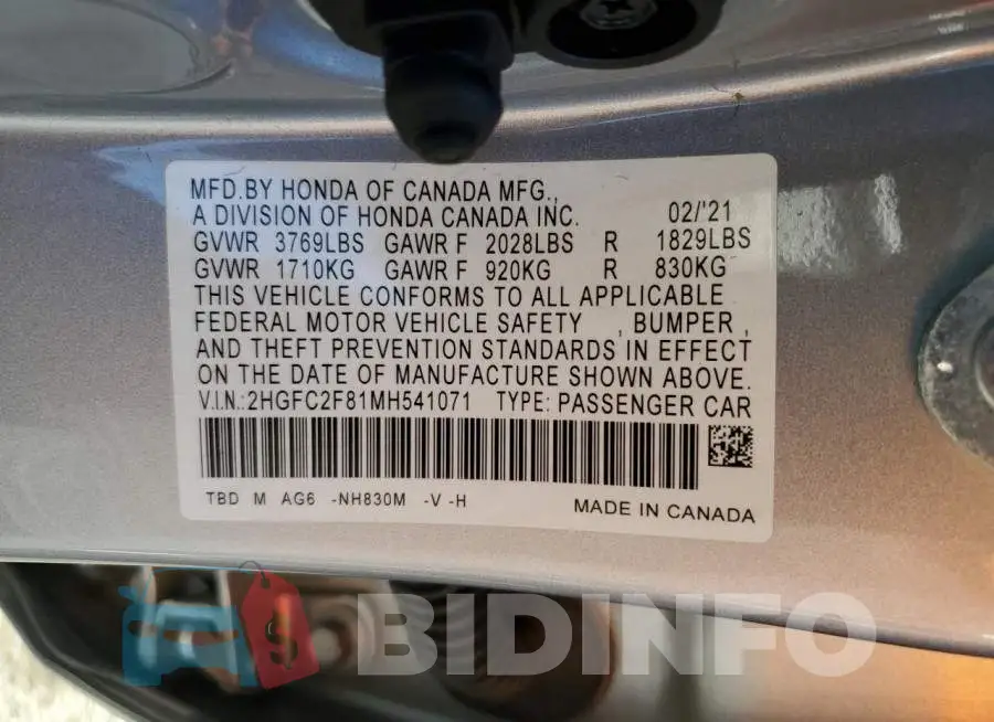 2HGFC2F81MH541071 Photo# 12