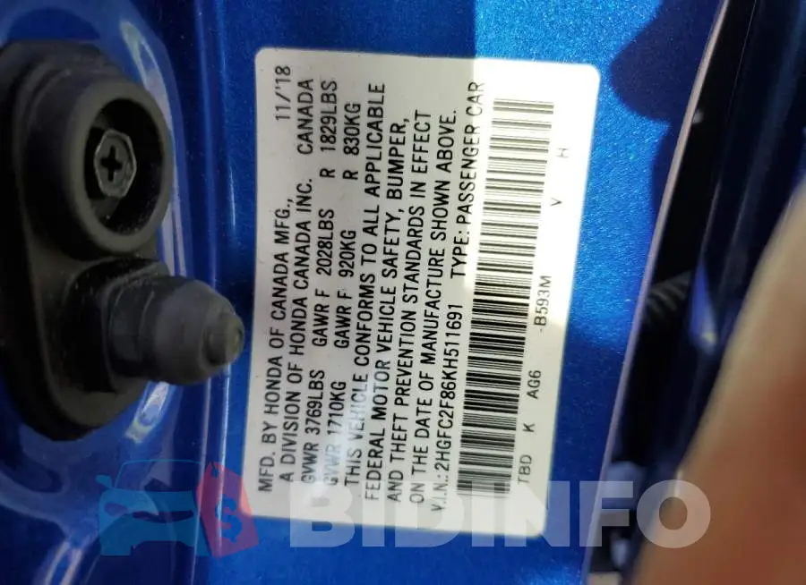 2HGFC2F86KH511691 Photo# 12