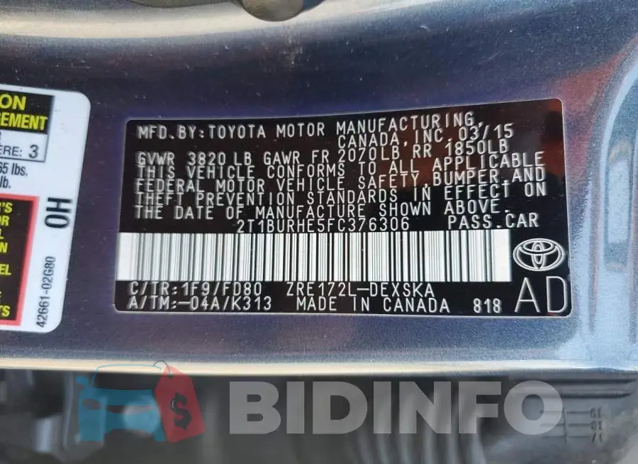 2T1BURHE5FC376306 Photo# 12