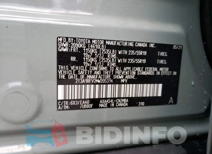 2T3A1RFV2MW205314 Photo# 13