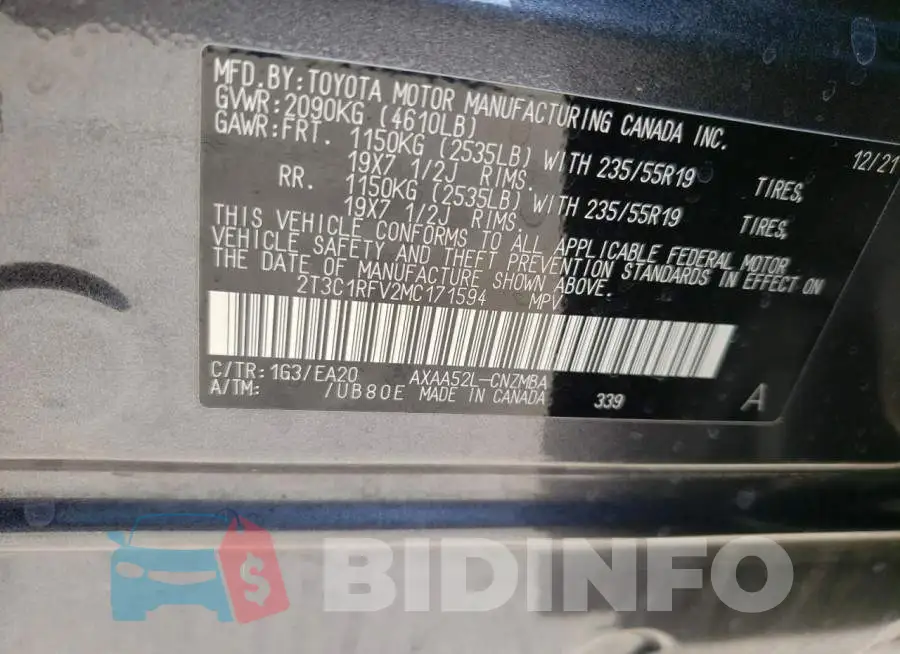2T3C1RFV2MC171594 Photo# 14