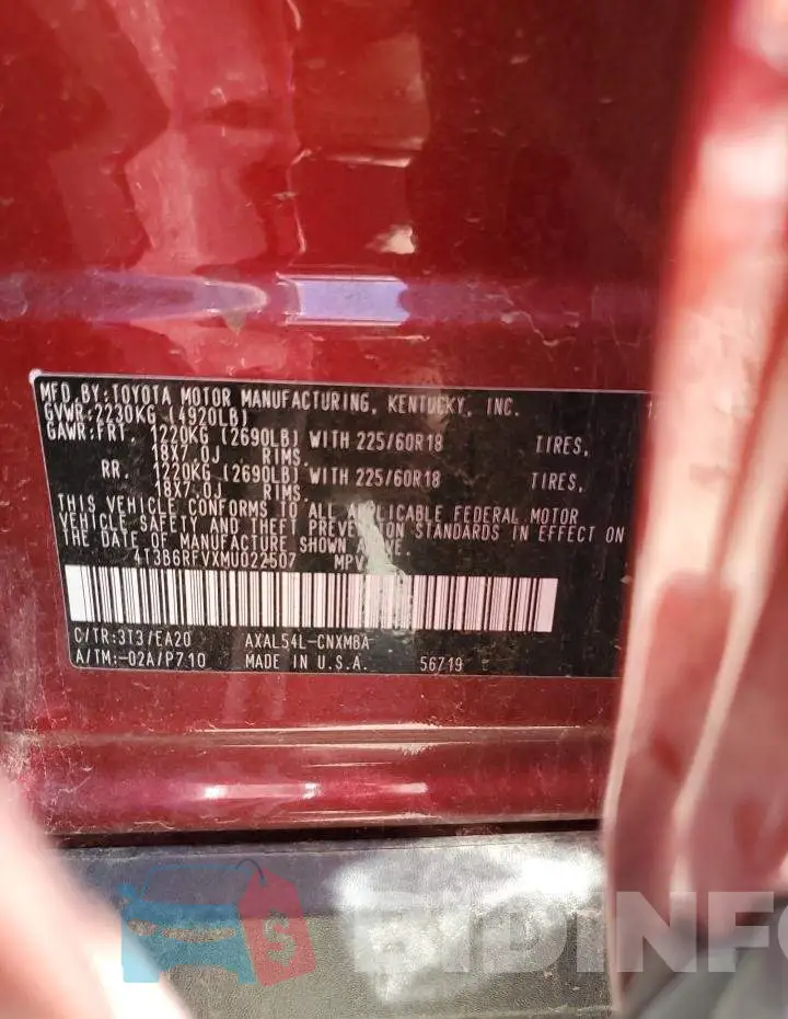 4T3B6RFVXMU022507 Photo# 12