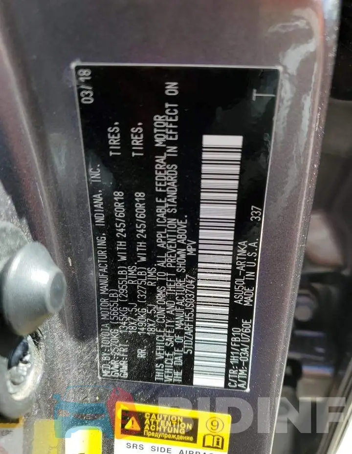 5TDZARFH5JS037047 Photo# 12
