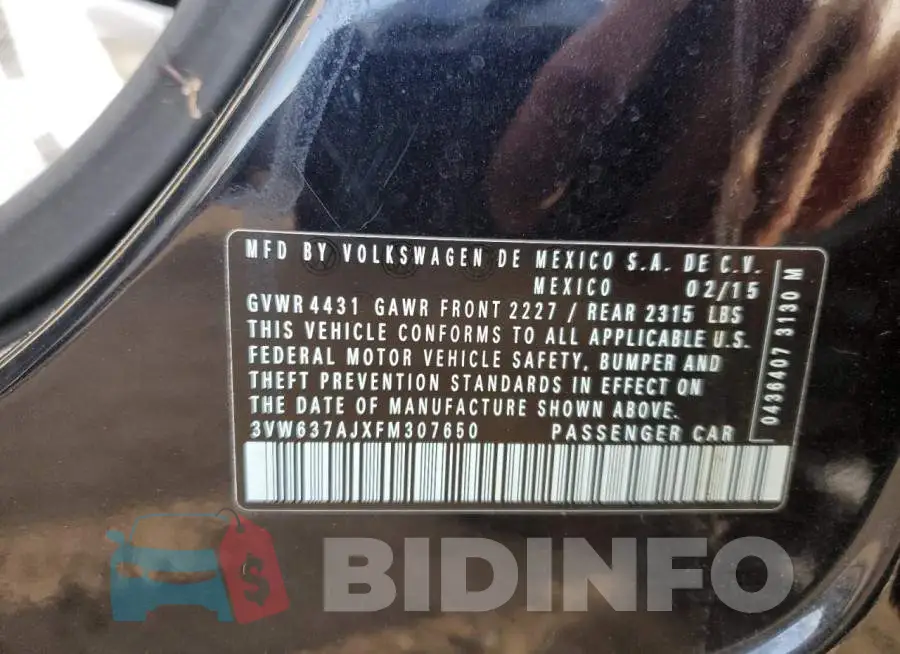 3VW637AJXFM307650 Photo# 12