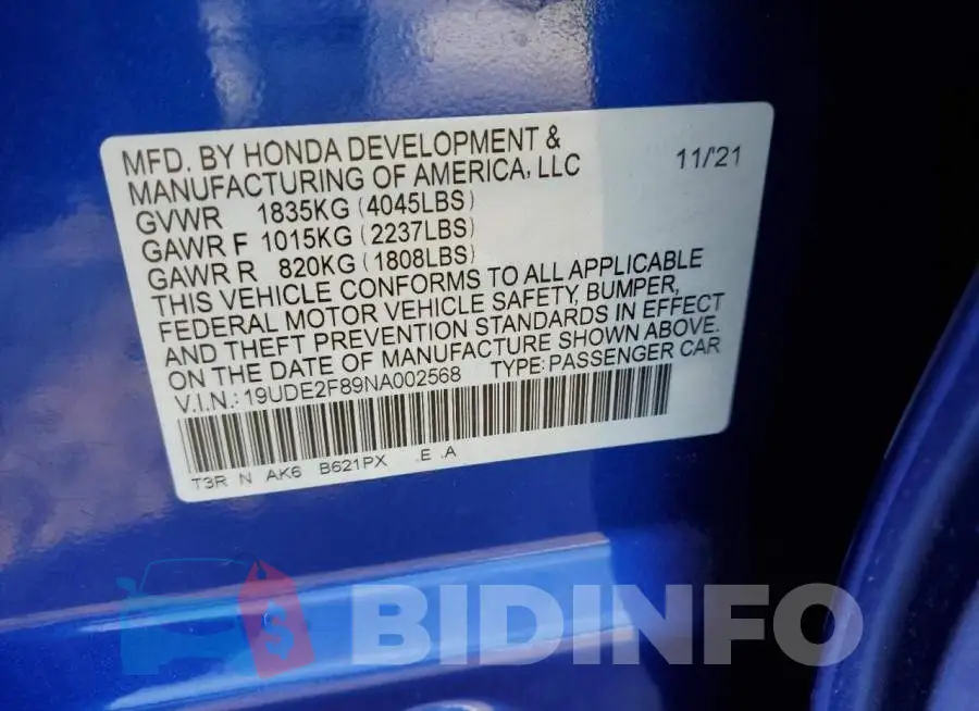 19UDE2F89NA002568 Photo# 13