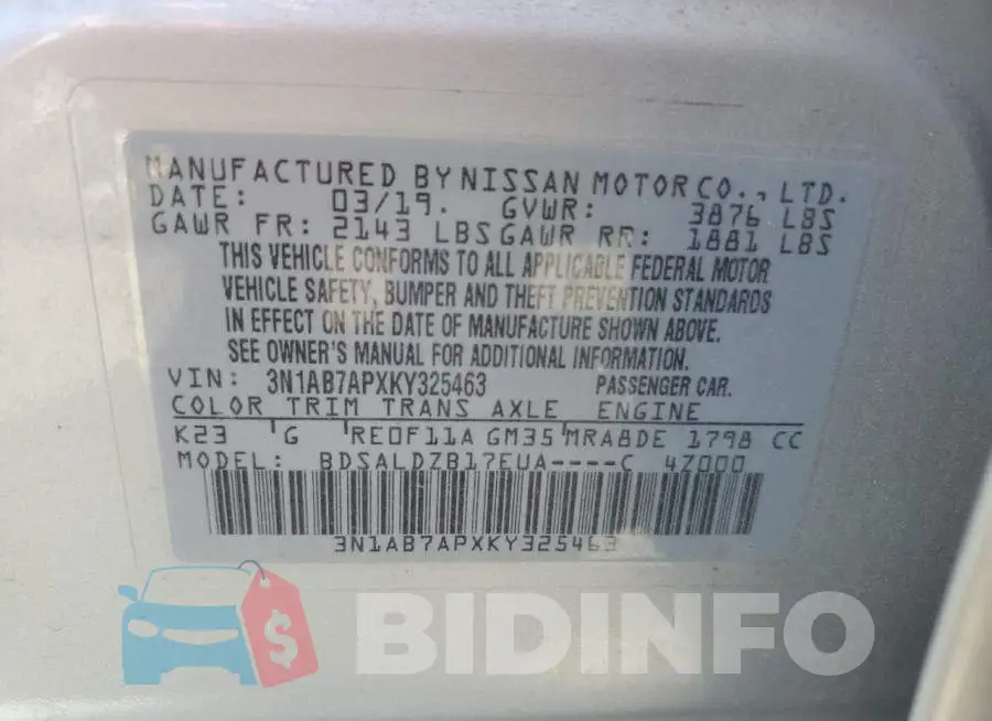 3N1AB7APXKY325463 Photo# 12
