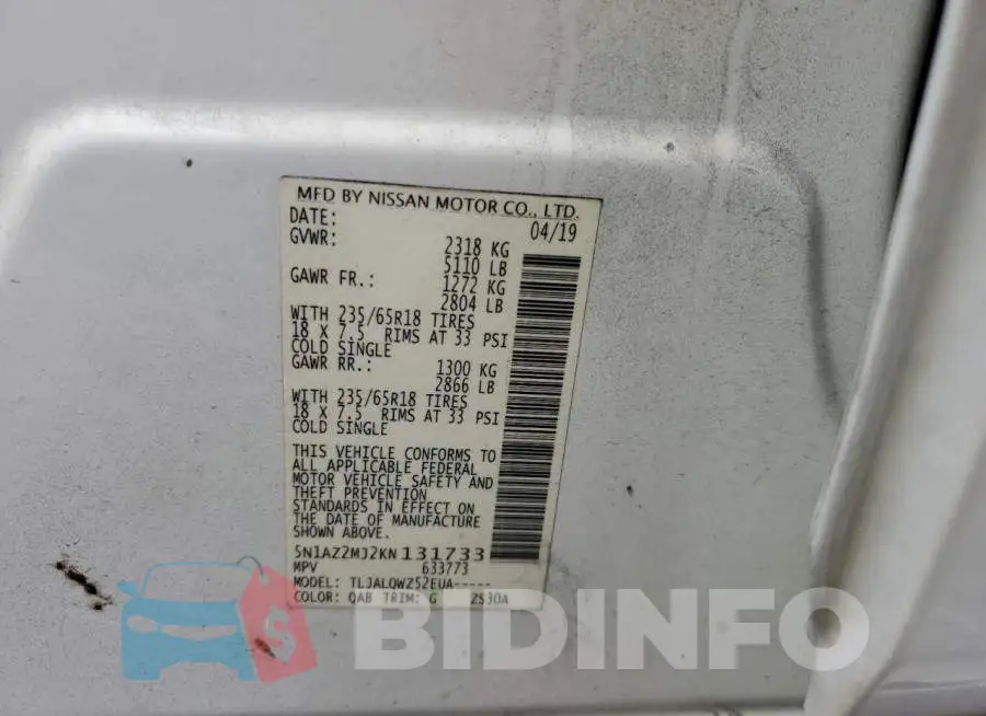 5N1AZ2MJ2KN131733 Photo# 12