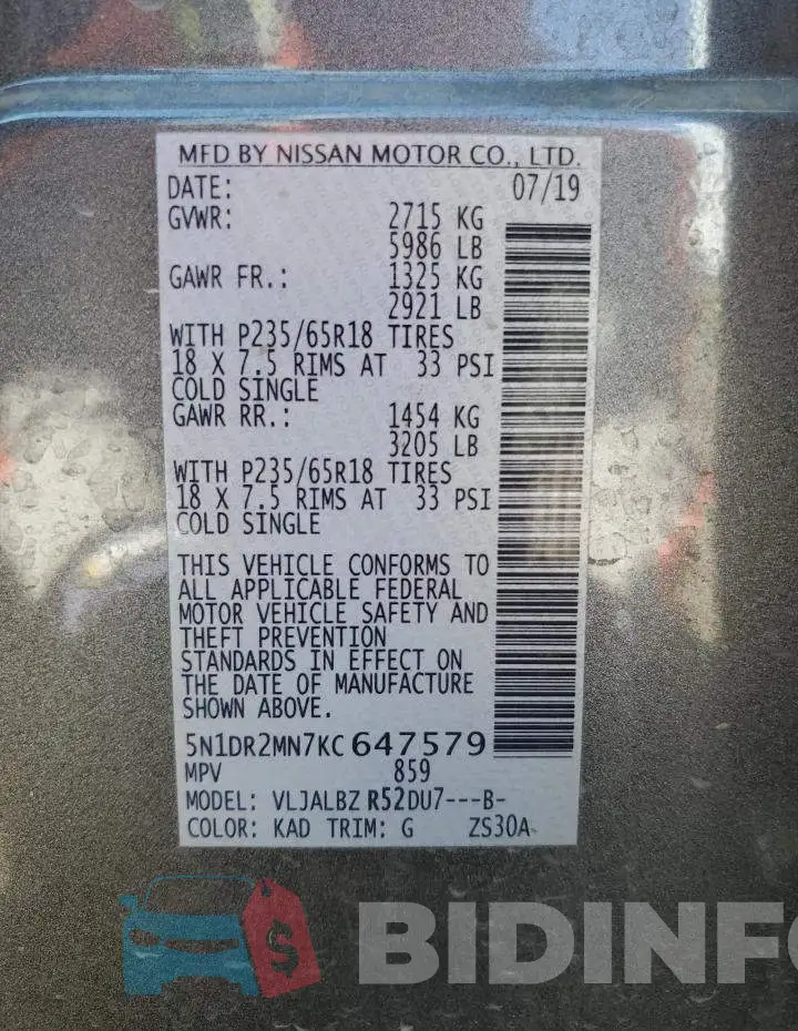 5N1DR2MN7KC647579 Photo# 13