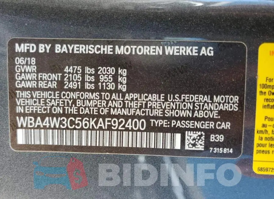 WBA4W3C56KAF92400 Photo# 12