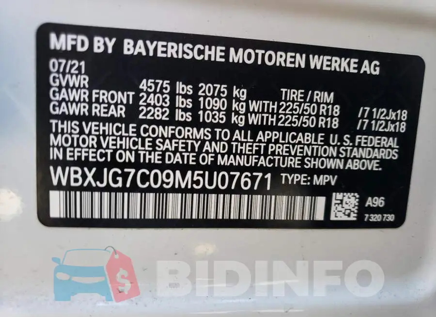WBXJG7C09M5U07671 Photo# 12