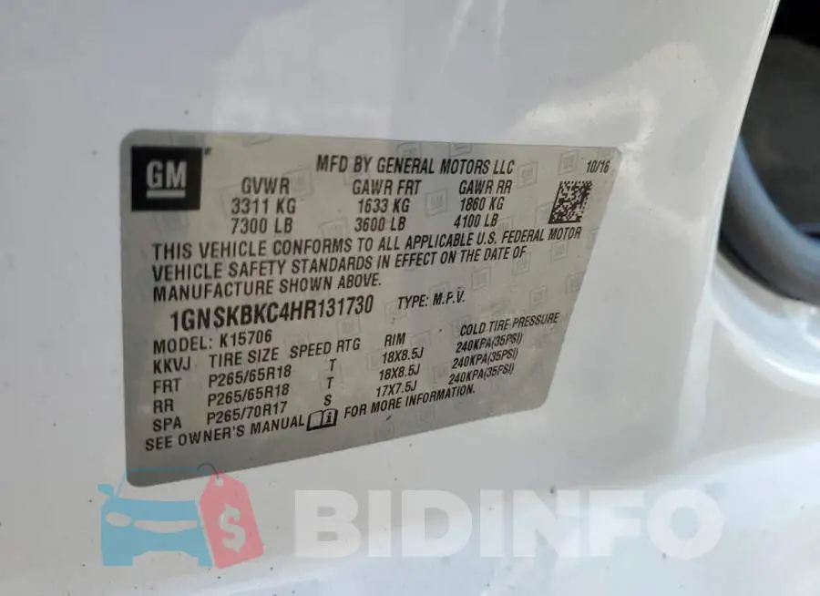 1GNSKBKC4HR131730 Photo# 13