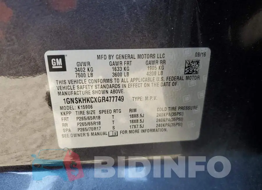 1GNSKHKCXGR477749 Photo# 13