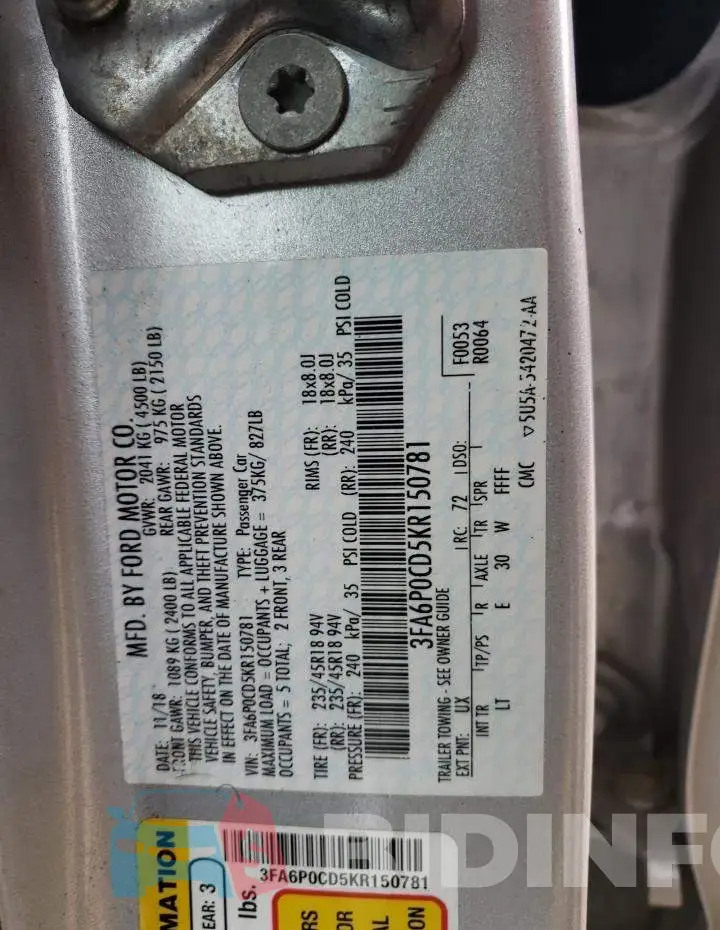 3FA6P0CD5KR150781 Photo# 12