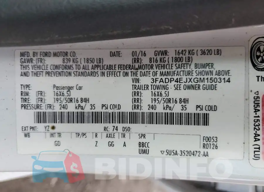 3FADP4EJXGM150314 Photo# 13