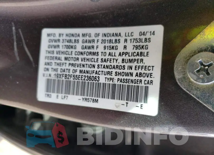 19XFB2F55EE236063 Photo# 12