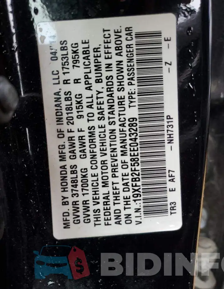 19XFB2F58EE043289 Photo# 12