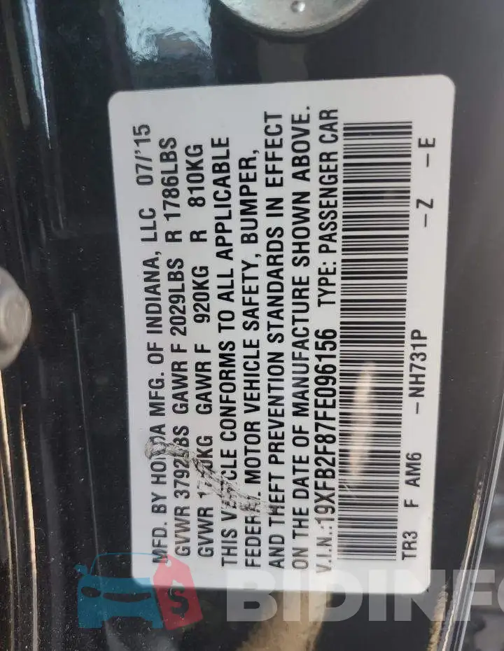 19XFB2F87FE096156 Photo# 12