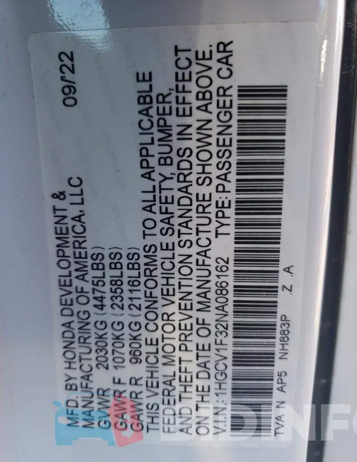 1HGCV1F32NA086162 Photo# 13