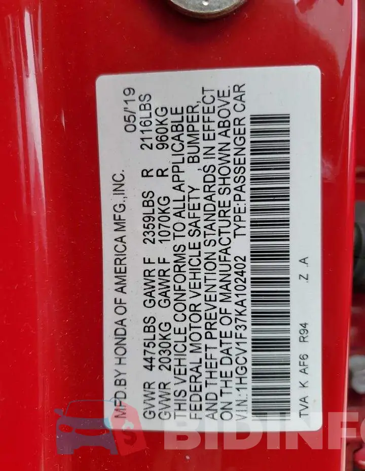 1HGCV1F37KA102402 Photo# 13