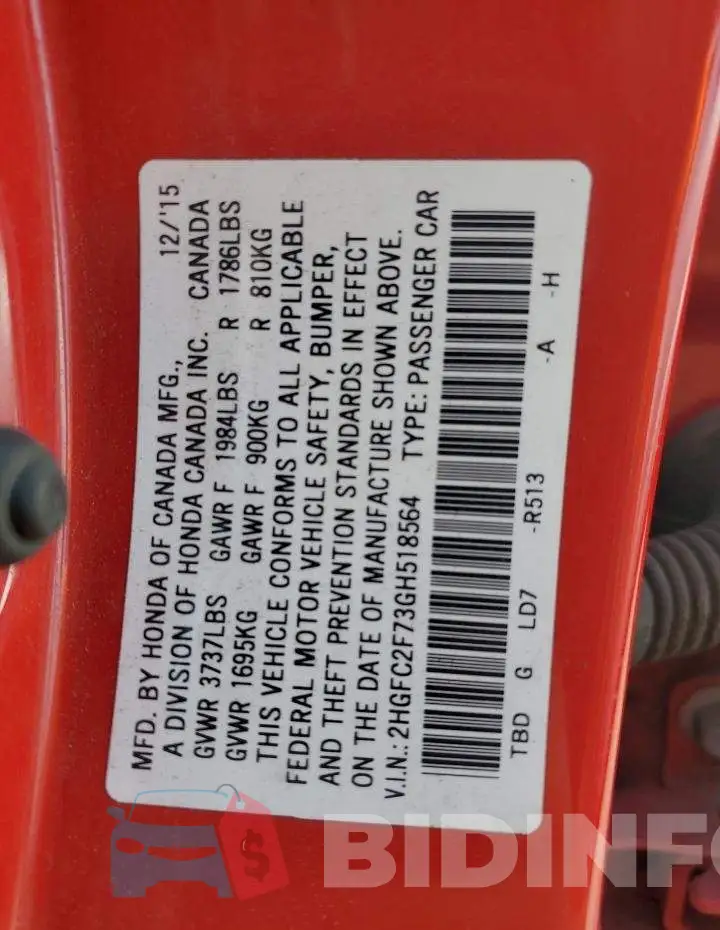2HGFC2F73GH518564 Photo# 12