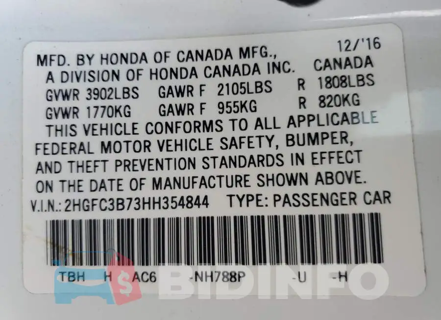 2HGFC3B73HH354844 Photo# 12