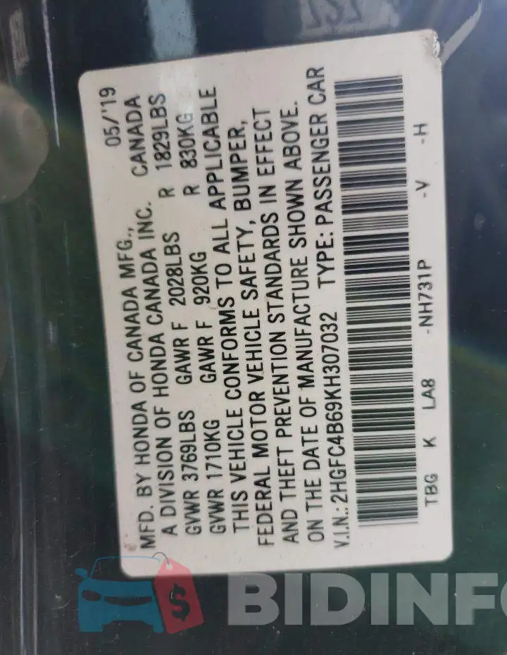 2HGFC4B69KH307032 Photo# 12